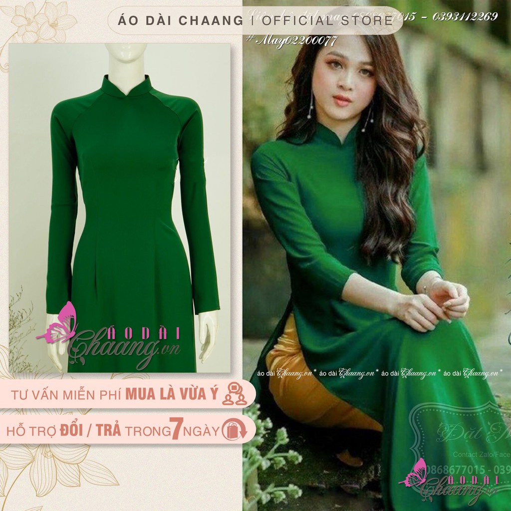 ✐Áo Dài Xanh Lá Truyền Thống May Sẵn Lụa Thái Đẹp Cổ Sen Cao Tay Xinh