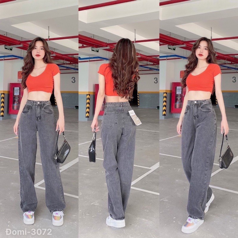 Quần bò suông nữ cạp cao ống rộng hai màu có size chất liệu dày dặn vanmiushop