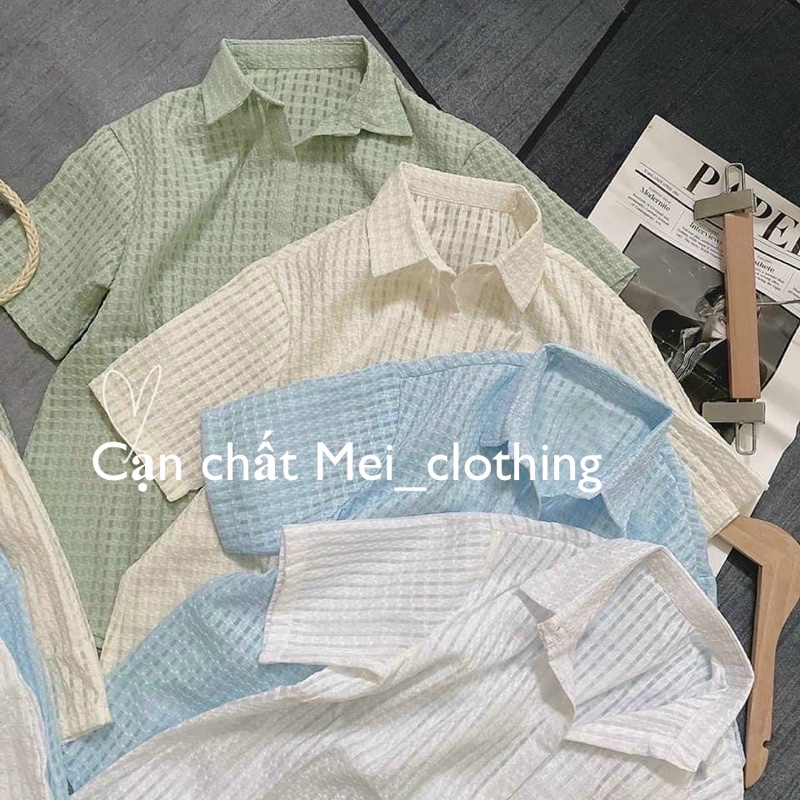 Set sơmi họa tiết ô vuông tông màu pastel Hàn Quốc