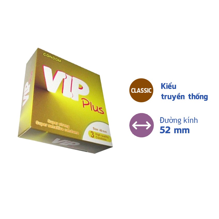 Bao Cao Su Vip Plus - Siêu mỏng, trơn, không mùi, truyền nhiệt nhanh, tự co giãn (Hộp 3 Cái)