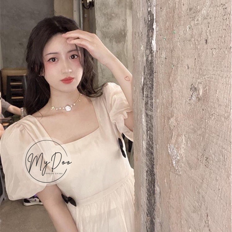 Váy trắng tiểu thơ dài xinh xắn 2 lớp HOT TREND váy baby doll nơ tay bồng cho nữ - V1