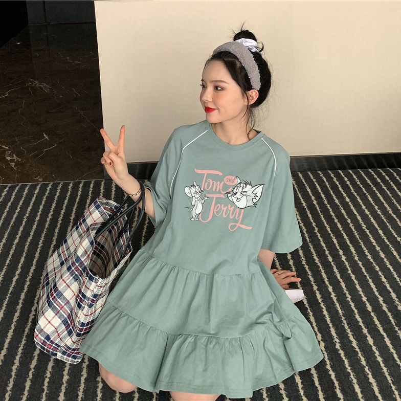 Đầm thun tay ngắn in hoạt hình thời trang đáng yêu cho nữ