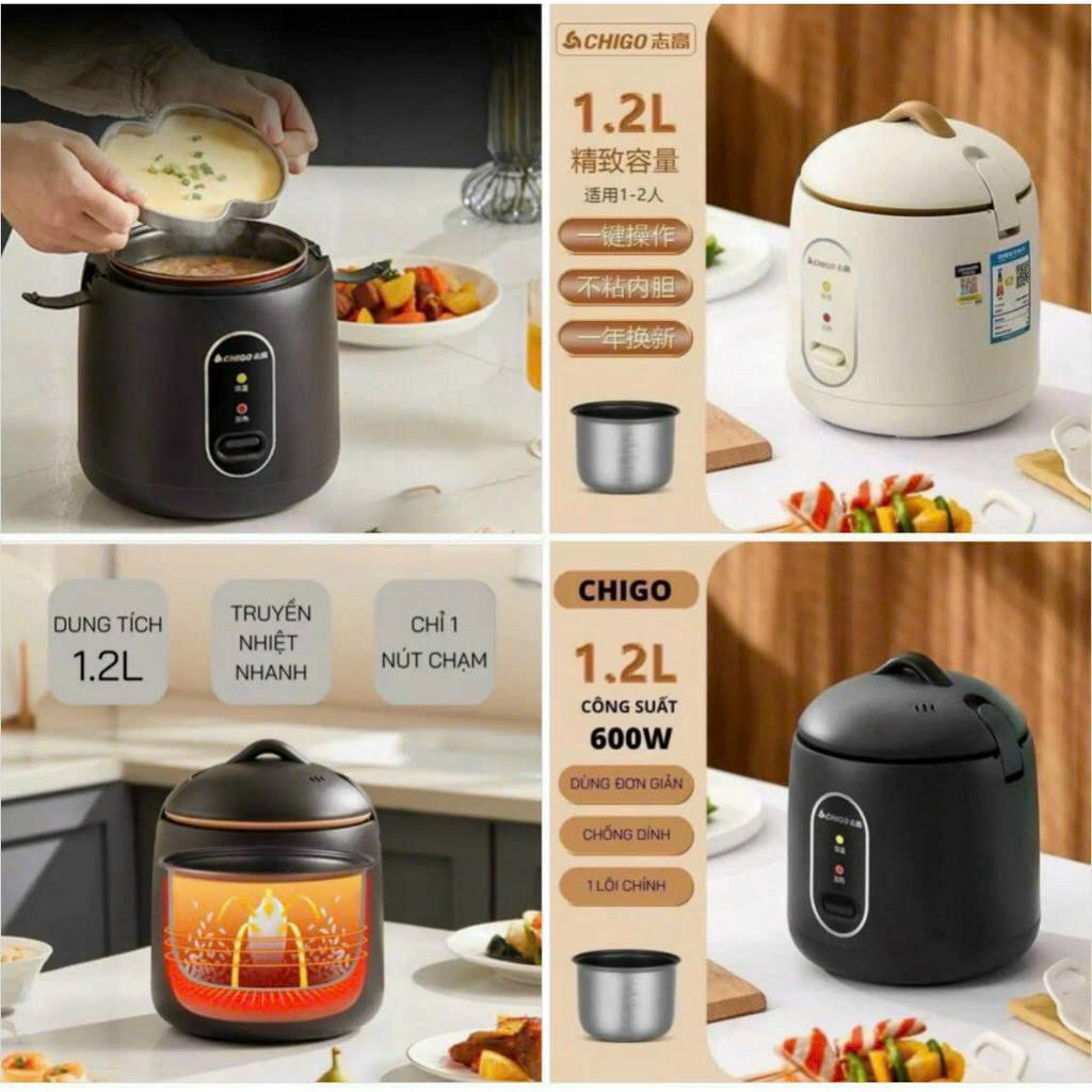Nồi Cơm Điện Mini Đa Năng CHIGO Với Công Suất 600W Và Dung Tích 1,2 Lít - Nồi Nấu Cơm Mini, Nấu Cháo, Hầm, Hấp Luộc - Nồ