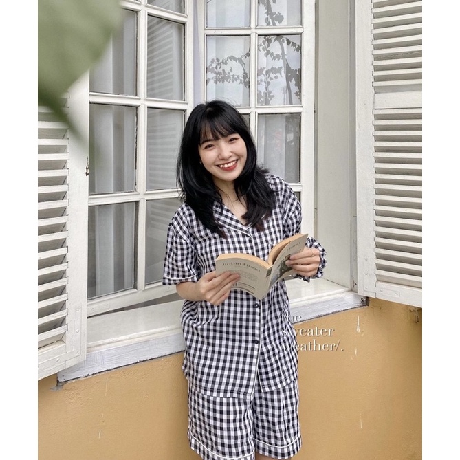 Bộ pjzama kẻ kèm chun buộc tóc có 5 màu