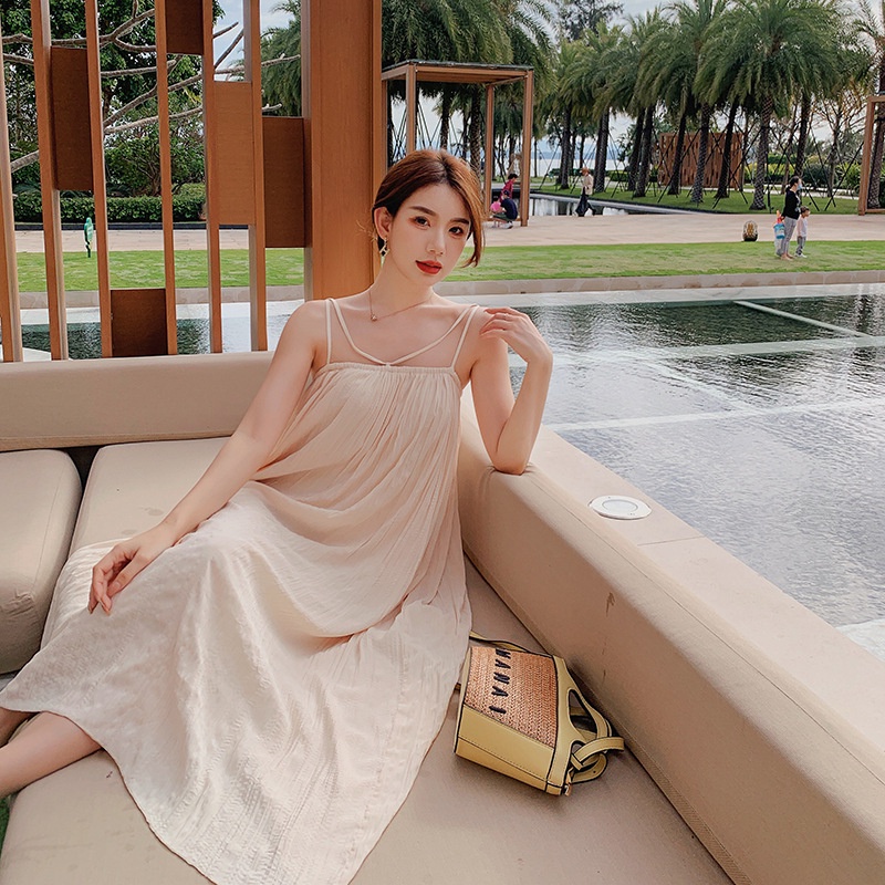 Váy 2 dây đi biển LUHAZO maxi dáng dài hở lưng nữ đẹp xanh dáng dài rộng bigsize  kiểu Hàn Quốc Babydoll 5007 DK1T