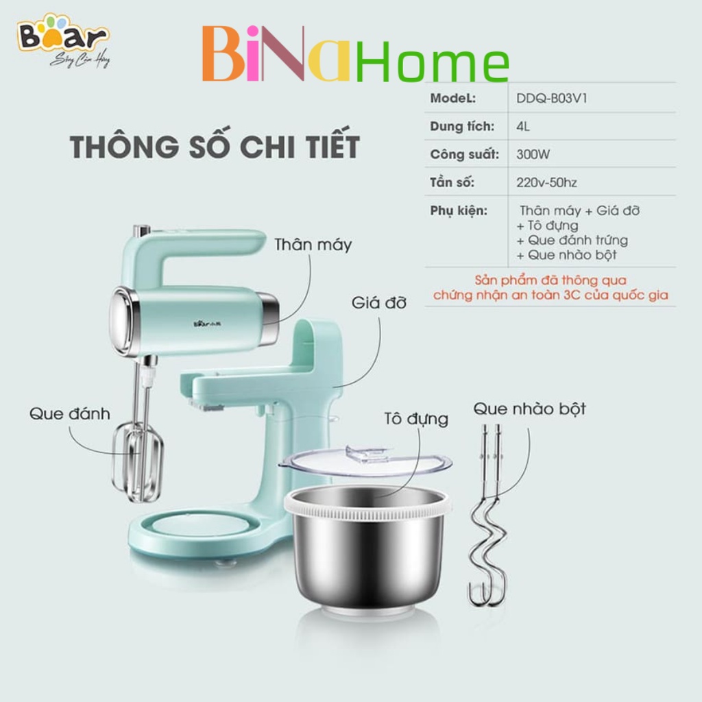 Máy Đánh Trứng Trộn Bột đa năng để bàn Bear DDQ-B03V1 Chính hãng Bảo hành 18 tháng BINAHOME