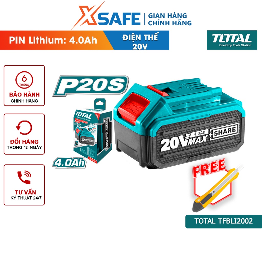 Pin Lithium 20V/4.0Ah TOTAL TFBLI2002 dùng cho nhiều loại máy Total dùng pin 20V, có đèn LED báo pin