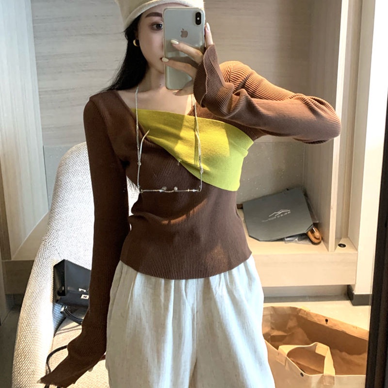 Áo Sweater Tay Dài Vạt Chéo Màu Tương Phản Độc Đáo Thời Trang 2022 Cho Nữ