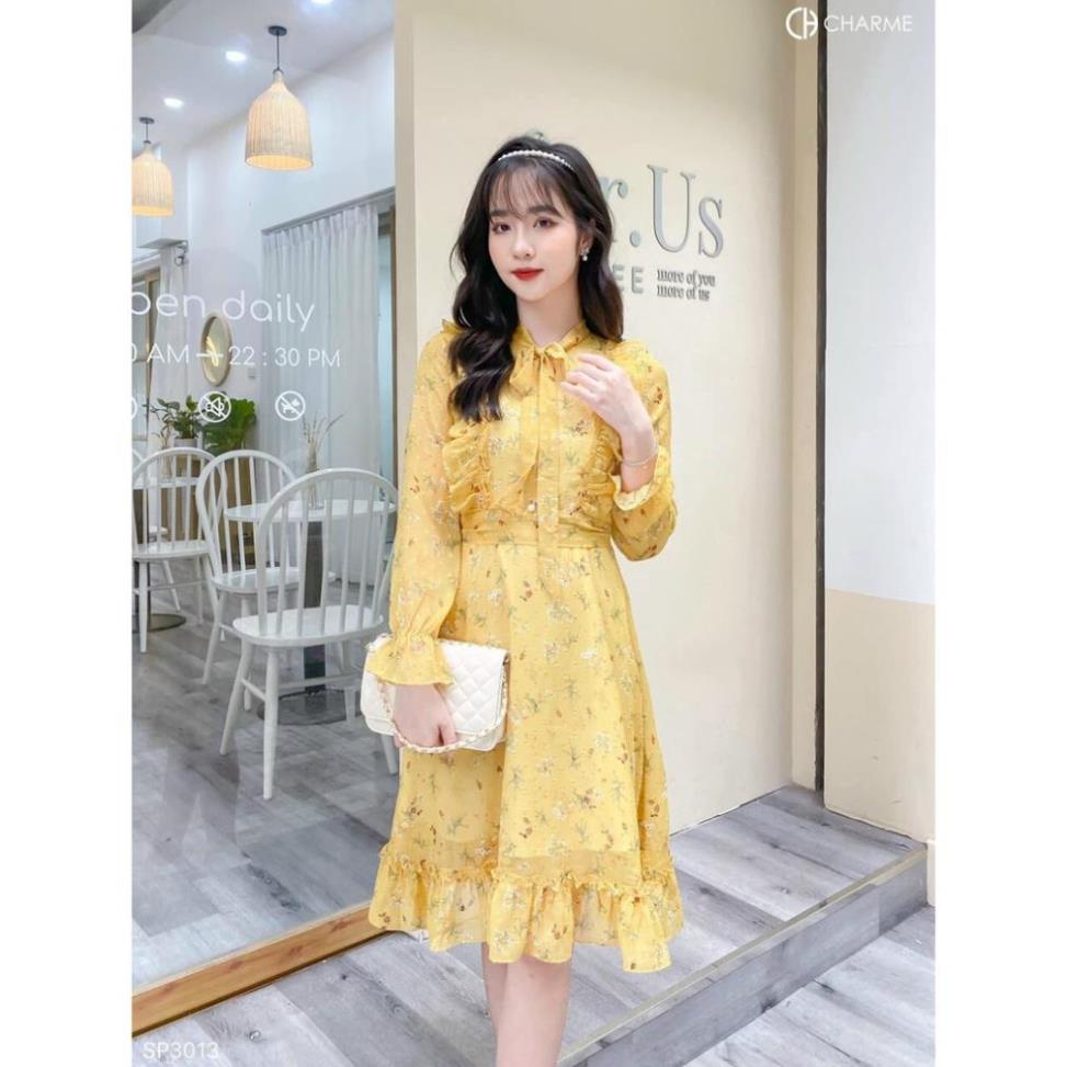TCO- Đầm váy voan hoa dáng xòe cánh tiên, kết nơ vàng tươi sáng, trẻ trung thời trang nữ dạo phố, đi biển