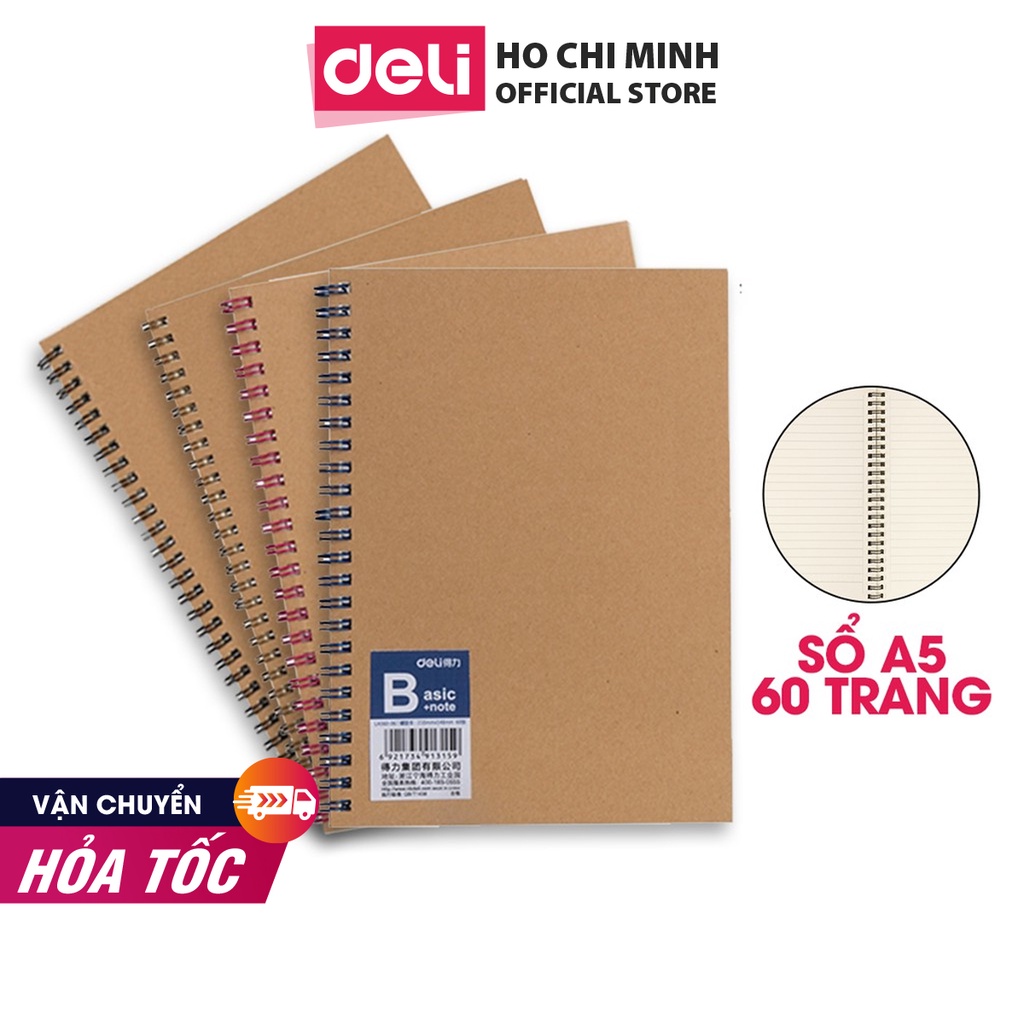 [Mã LIFEDELI20K5 giảm 20K đơn 0Đ] Combo 4 Cuốn Sổ tay ghi chép A5 gáy xoắn 60 trang Deli - Kẻ ngang - LA560-06