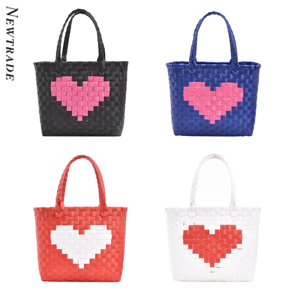 Women Heart Woven Contrast Color Handbag Top-handle Shopping Bag