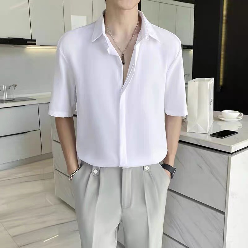 Áo sơ mi rộng tay ngắn unisex nam nữ GIẤU NÚT chuẩn form Hàn Quốc vải lụa mềm mịn mát 40-90kg MRN02