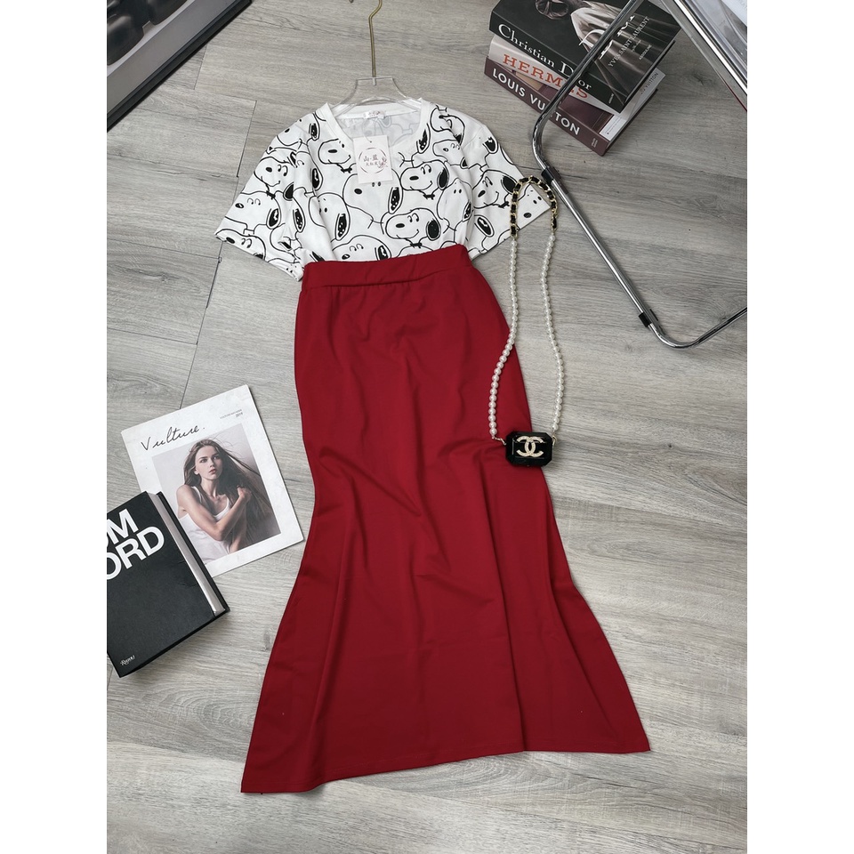 Set áo phông chú chó chân váy midi đỏ xòe đuôi cá TH185