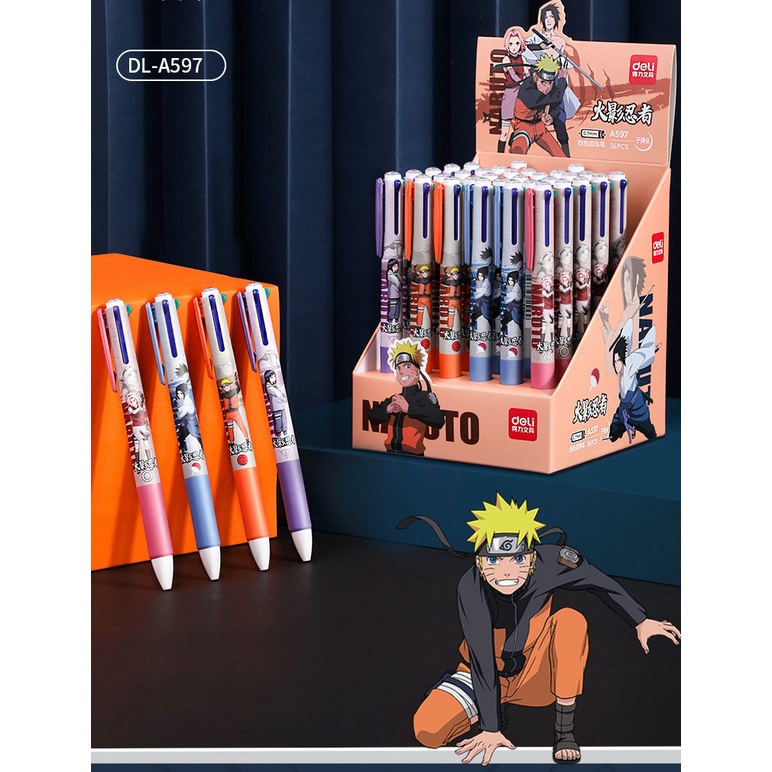 Bút bi bấm nhiều ngòi 4 màu mực 0.7mm Deli họa tiết Naruto độc đáo có đệm tay chống trượt - A597