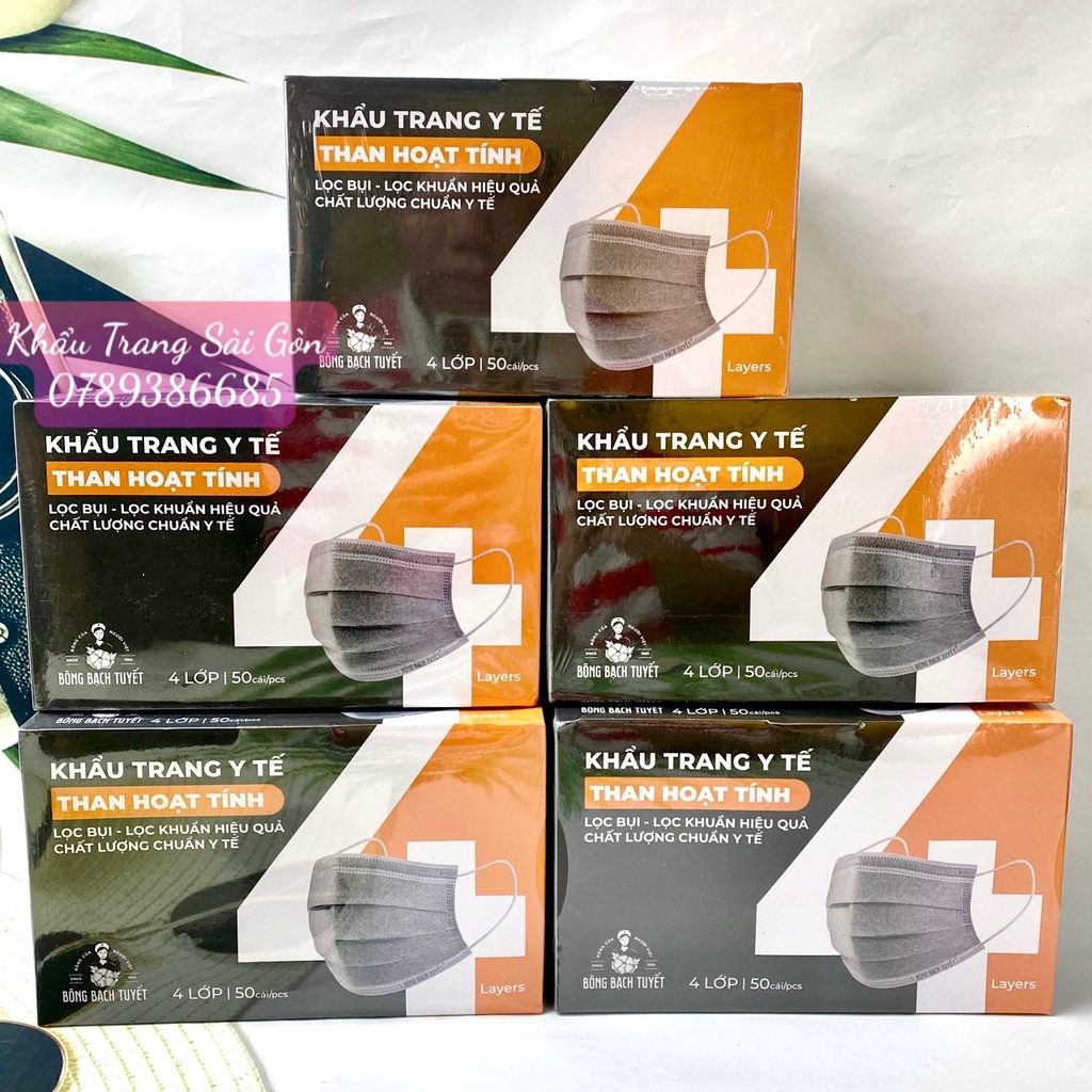 Combo 5 hộp khẩu trang y tế 4 lớp THAN HOẠT TÍNH 50 cái/ hộp Chính hãng BÔNG BẠCH TUYẾT