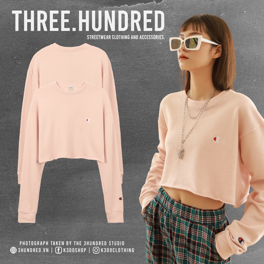 Áo Croptop Tay Dài Nữ Thêu Chữ Champion Form Đẹp-Đường Thêu Tỉ Mỉ-Chất Vải Nỉ Da Cá Thoải Mái-Màu Hồng Nhạt Dễ Phối Đồ