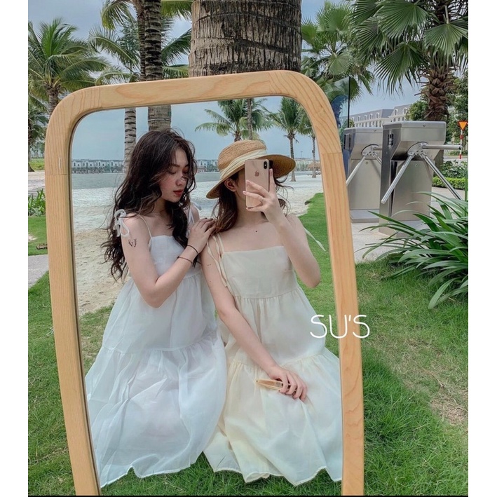[Ảnh thật/Video]Váy 2 dây babydoll voan tơ buộc dây vai dáng xoè xếp tầng cực xinh