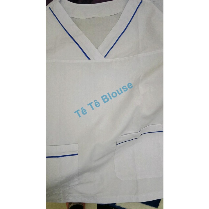 Bộ blouse cổ tim viền XANH DƯƠNG nam nữ cộc tay - bộ scrubs kỹ thuật viên cho điều dưỡng, dược sỹ, y tá, bác sĩ