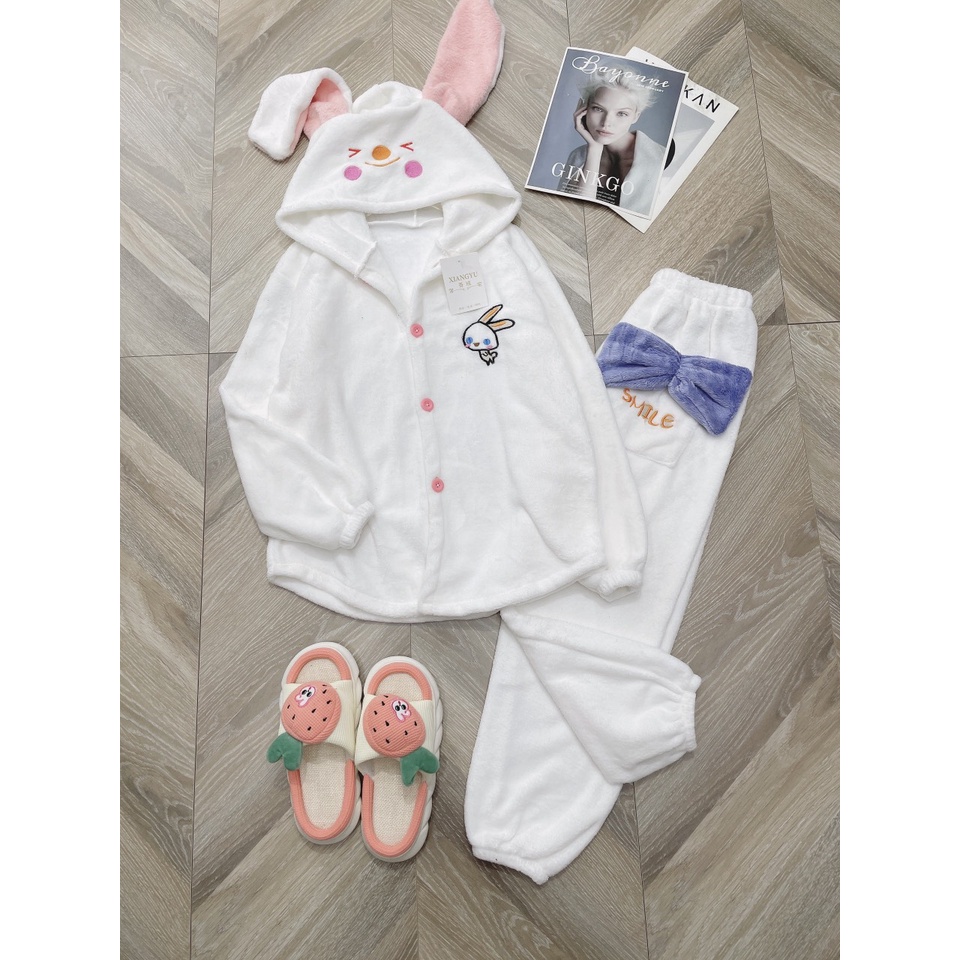 Bộ Lông Mũ Tai Thỏ Gắn Nơ Thêu Hình Chất Looing Cừu Vintage  Mặc Nhà Nam Nữ Dáng Rộng