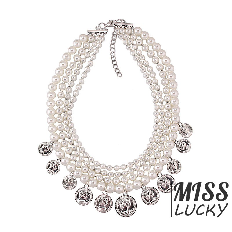 Vòng cổ chuỗi hạt ngọc trai nhân tạo nhiều lớp phối mặt kim loại phong cách cá tính cho nữ