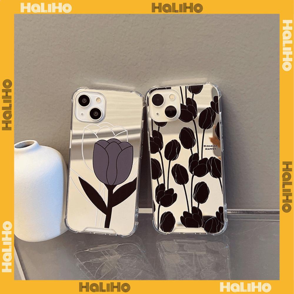 iPhone Case Acrylic Reflective Mirror Airbag Shockproof Protection Camera Black Tulip Flower Compatible with iPhone 11 iPhone 13 Pro Max iPhone 12 Pro Max iPhone 7 Plus iPhone xr