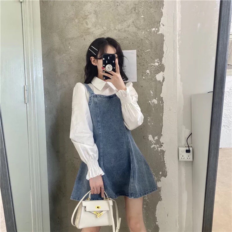 [ORDER] Váy jeans liền sơmi trắng ulzzang