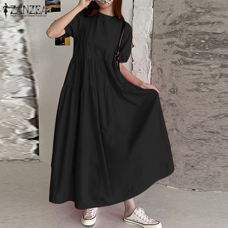 ZANZEA Women Leisure Loose Puff Sleeve Pleated Solid Color Party Maxi Dresses