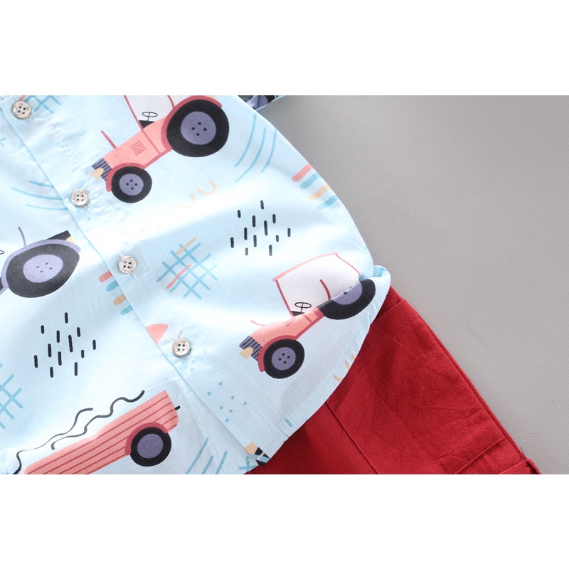 Áo sơ mi tay ngắn + quần ngắn họa tiết xe hơi hoạt hình thời trang cho bé trai từ 0-4 tuổi