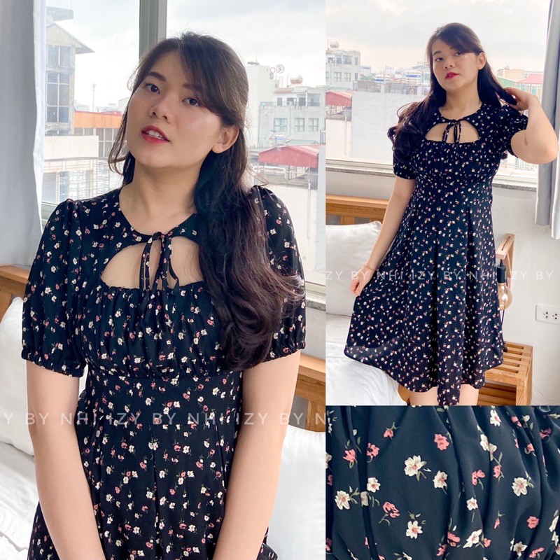 ĐẦM VÁY BIGSIZE NHÚN NGỰC BUỘC NƠ HOA NHÍ ĐEN - LILY DRESS BIG SIZE - IZYBYNHI