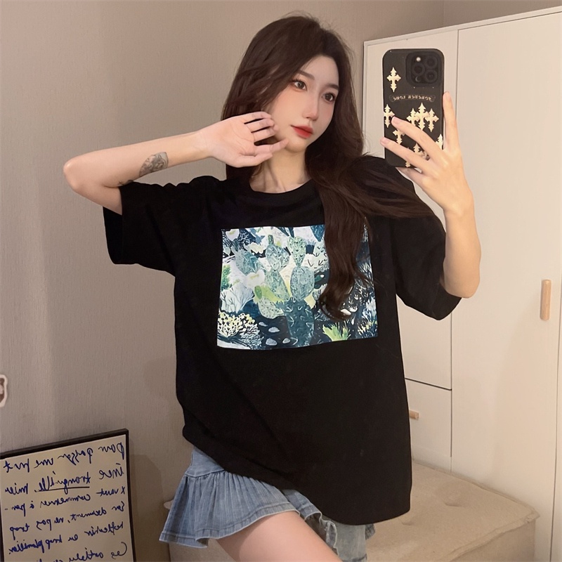 Áo thun SUXI tay ngắn cổ tròn dáng rộng in họa tiết đơn giản thời trang mùa hè cho nữ