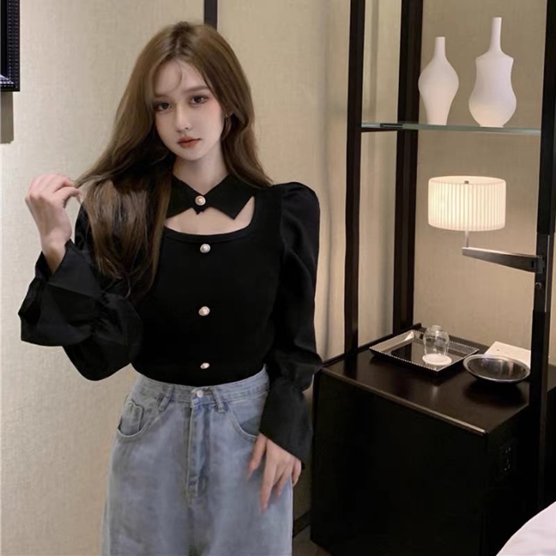 (Hàng có sẵn)Áo len tăm mỏng cách điệu có cổ thời trang tiểu thư dành cho mùa thu 2021 (có ảnh thật)