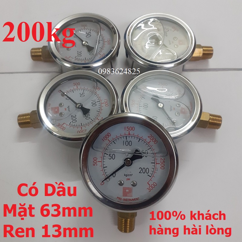 Đồng hồ đo áp suất áp lực nước hơi khí nén loại 200kg ren 13mm mặt 63mm có dầu PRO-INSTRUMENT