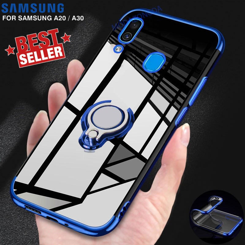 Ốp Điện Thoại Silicon Dẻo Tráng Gương Trong Suốt Kèm Giá Đỡ Nhẫn Từ Tính Cho Samsung A20 A30