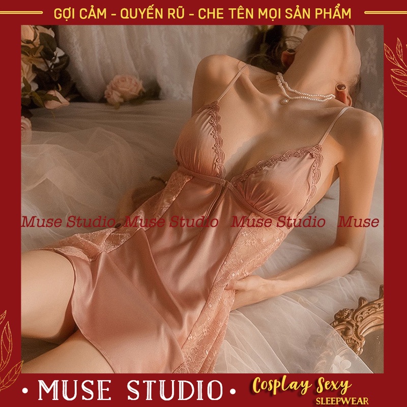 Váy ngủ sexy, đầm ngủ hai dây gợi cảm vải satin cao cấp phối ren mở trước ngực quyến rũ - Muse Studio MS001