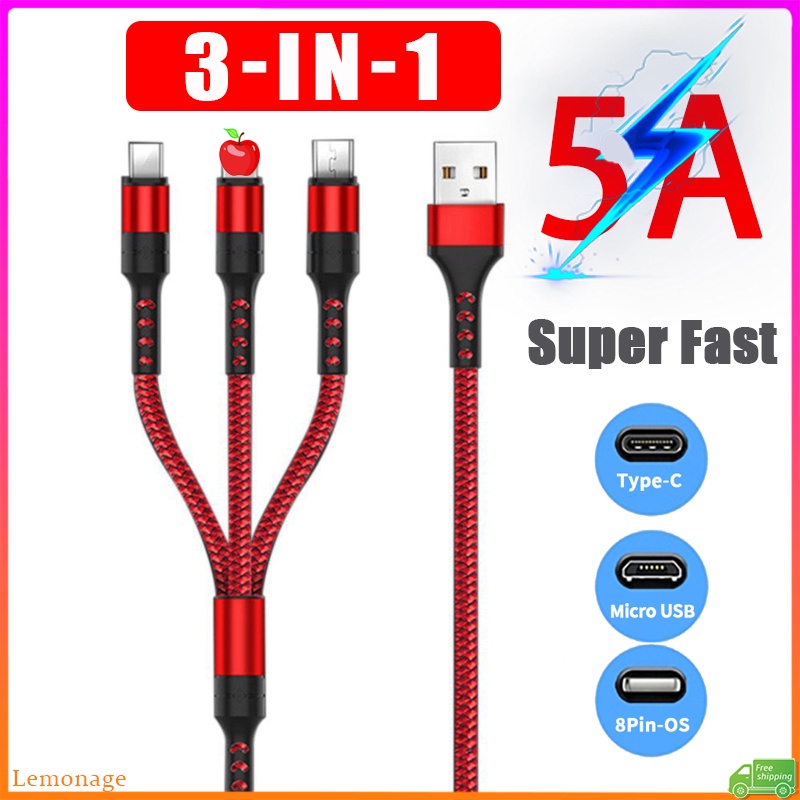Dây Cáp Sạc Nhanh 5A / 3A Cổng Micro Usb / i / Type C Thiết Kế Dây Bện 3 Trong 1 Tiện Dụng