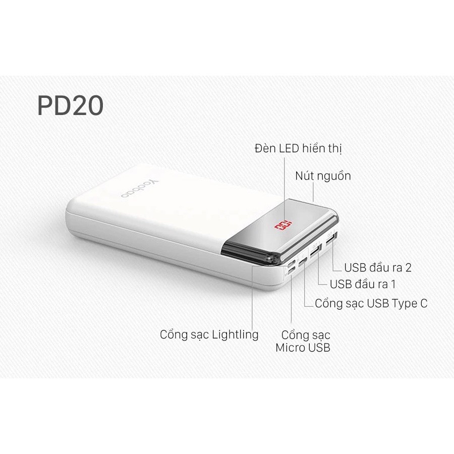 [Mã 2404EL10K giảm 10K đơn 20K] Sạc dự phòng nhanh Yoobao 20000mAh PD20 - Hàng chính hãng