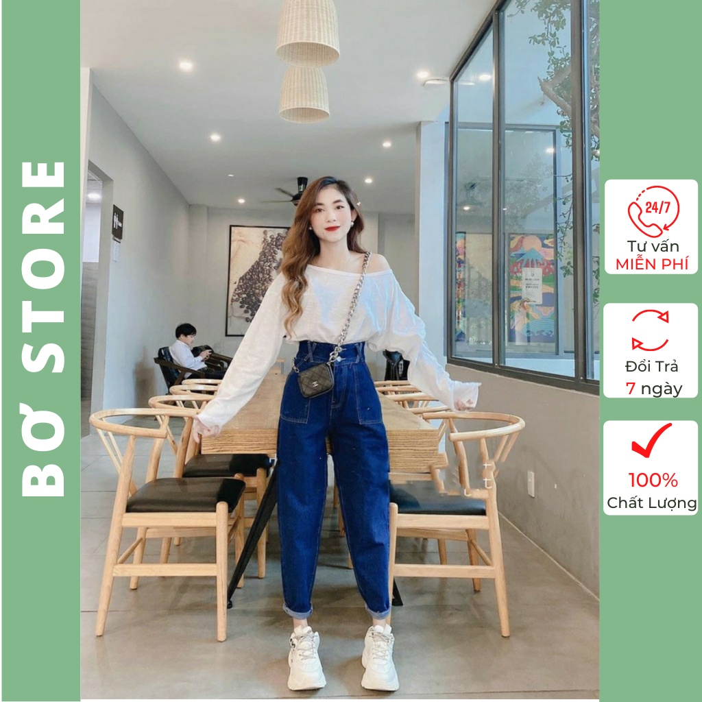 Quần Baggy Jean Nữ Lưng Cao Túi Vuông 2 Nút Cực Cute Xanh Đậm Và Nhạt - 403