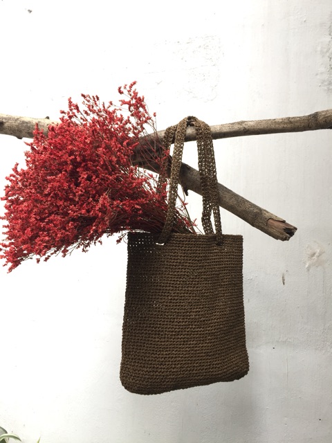 Túi tote móc len sợi giấy, túi handmade vintage boho đan len