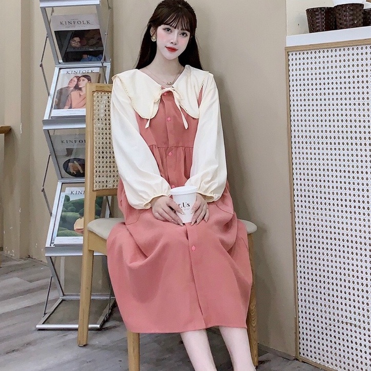 Đầm sơ mi cổ sen dáng suông hai túi trước ngực cúc dọc tay áo dài phối voan, váy nhung 4 màu VNS111 Tirahouse