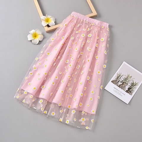 Chân Váy Dài Qua Gối Họa Tiết Hoa Cúc Nhỏ Thời Trang Mùa Hè Cho Bé Gái