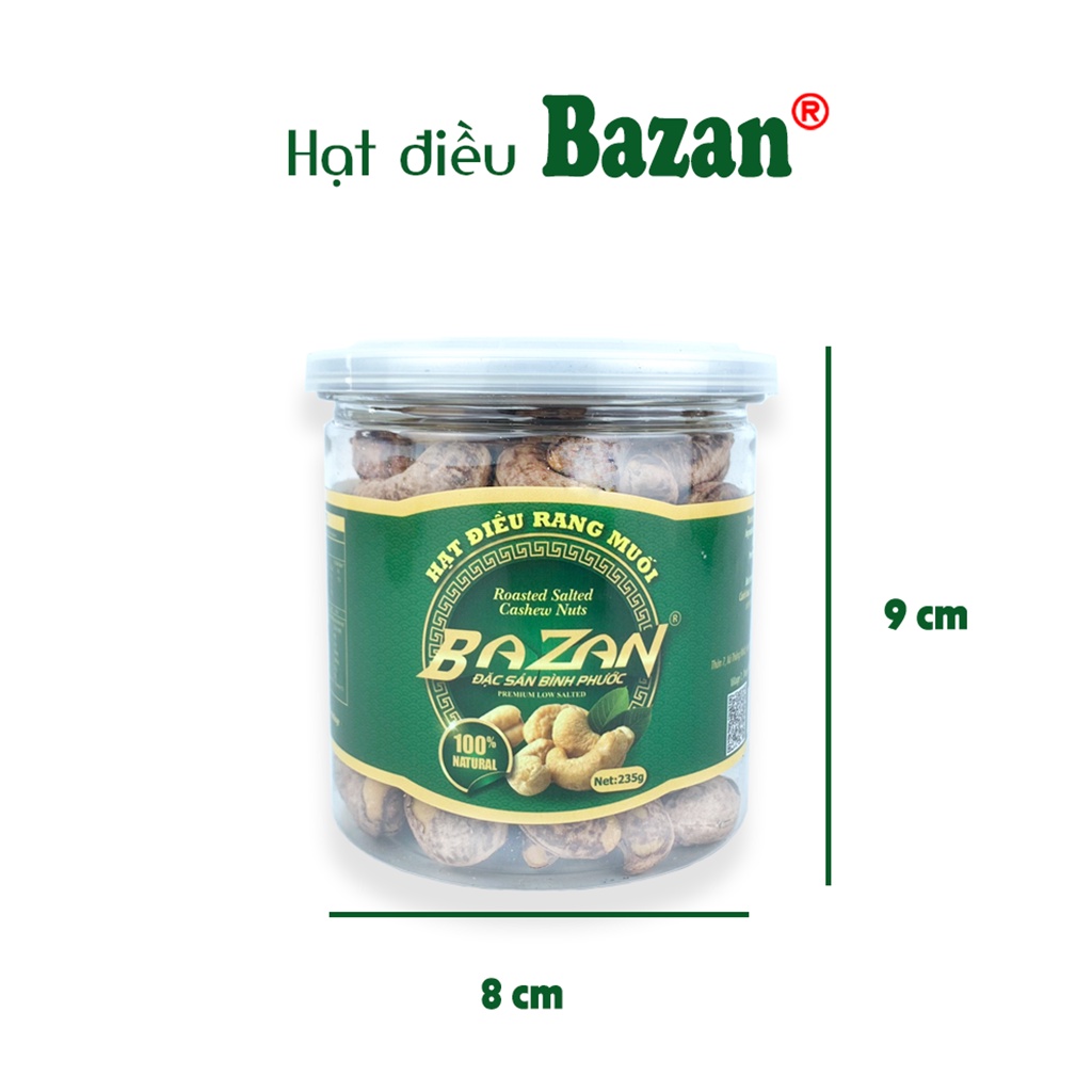 Hạt điều rang muối Bazan Bình Phước nguyên hạt dinh dưỡng A+ loại 1 hộp 235g nắp bật còn vỏ lụa | BigBuy360 - bigbuy360.vn