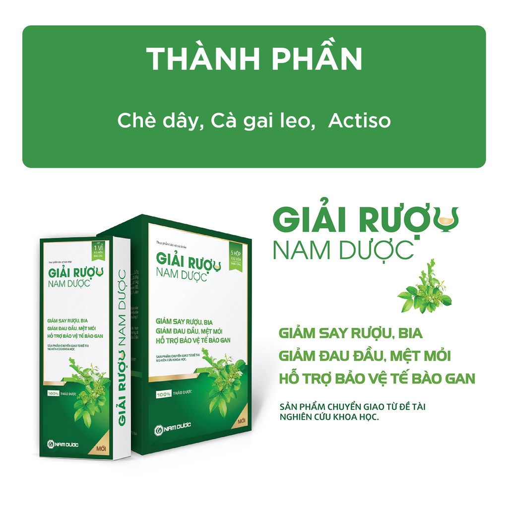 Viên giải rượu Nam Dược 5 hộp x 6 viên giảm say rượu bia, giảm triệu chứng, tăng cường chức năng giải độc bảo vệ gan