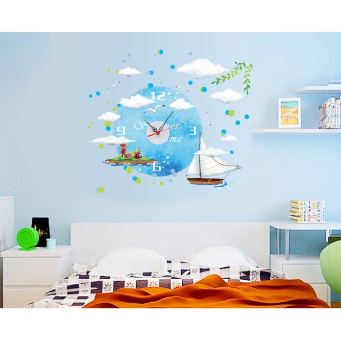 Decal trang trí Kèm Đồng Hồ dán tường - mẫu thuyền lớn và trởi xanh ( Cao cấp )
