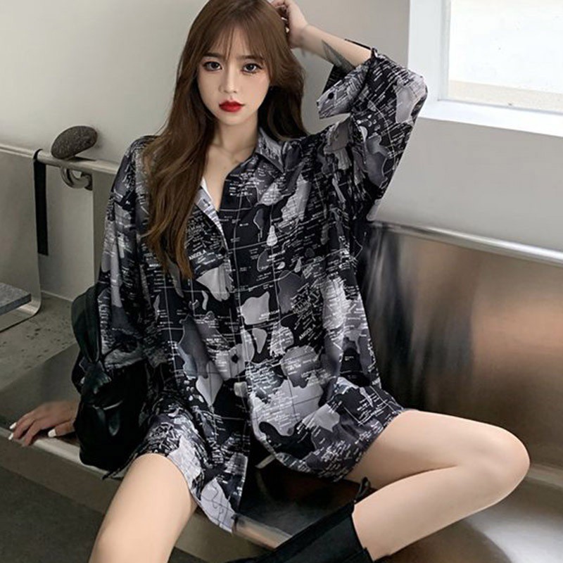 Áo sơ mi dài tay họa tiết retro thời trang Hàn Quốc