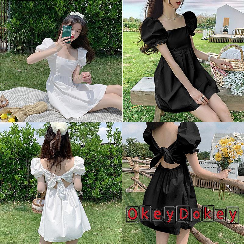 Đầm Cổ Vuông Tay Phồng Ngắn Hở Lưng Thắt Nơ Thời Trang Cho Nữ