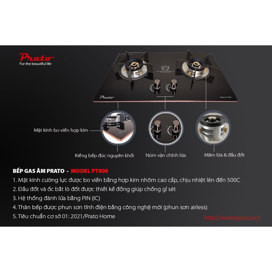 Bếp gas âm Prato Model: PT-800, bếp gas đôi cảm ứng ngắt gas tự động an toàn được sản xuất tại Italy, mặt kính đen.
