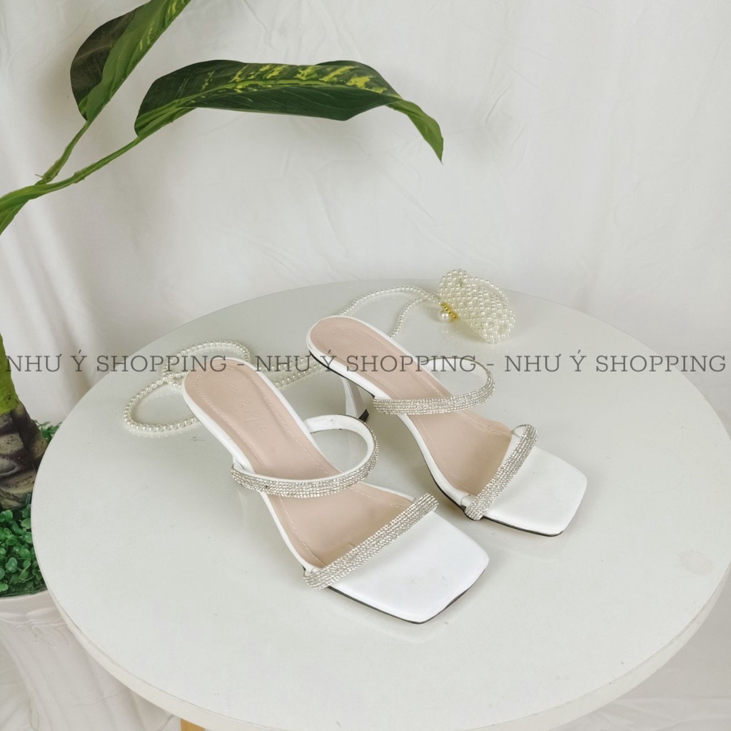 Guốc cao gót nữ 2 quai đính đá mũi vuông sang chảnh 5cm 2 màu đen trắng - hình chụp thật
