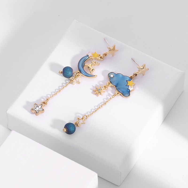 PINKDUDU Bông Tai Dáng Dài Hình Ngôi Sao / Đám Mây / Mặt Trăng Màu Xanh Dương Phong Cách Vintage Thời Trang Cho Nữ PD404