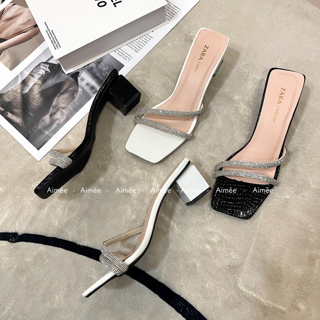 Dép Guốc Da Rắn Bóng Phối Dây Xoàn Đế Vuông 5 Phân Thiết Kế Khá Bắt Mắt Với Phần Dây Nổi Bật Tạo Cảm Giác Thon Gọn Đôi C