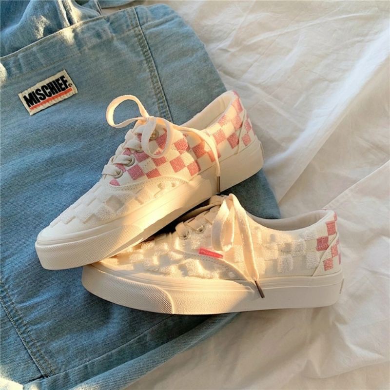 6:30PM Order Mã 060 Giày sneaker ulzzang dáng vans basic phối màu hồng pastel họa tiết caro nổi độc lạ